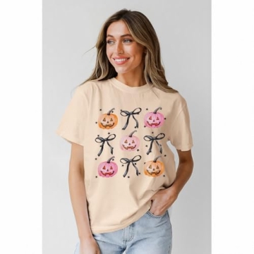 GLIGLITTR Halloween Pumpkin Shirt Women Coquette Bow Graphic Tshirt Spooky Season Outfit Short Sleeve Tee Tops Fall Clothes(Apricot1,X-Large)