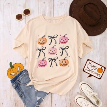GLIGLITTR Halloween Pumpkin Shirt Women Coquette Bow Graphic Tshirt Spooky Season Outfit Short Sleeve Tee Tops Fall Clothes(Apricot1,X-Large)