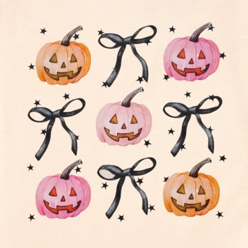 GLIGLITTR Halloween Pumpkin Shirt Women Coquette Bow Graphic Tshirt Spooky Season Outfit Short Sleeve Tee Tops Fall Clothes(Apricot1,X-Large)