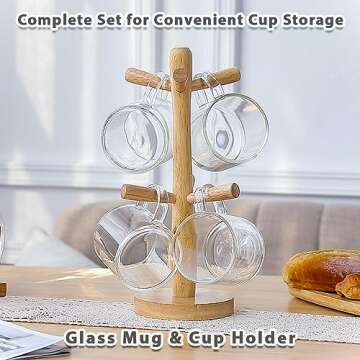 Aquach Coffee Glass Mugs Set of 4, 12 oz, Including Wooden Cup Holder Tree, 6 Hooks