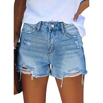 MINGALONDON Women's Casual Mid Waist Denim Cutoff Frayed Hem Stretchy Jean Shorts Light Blue S