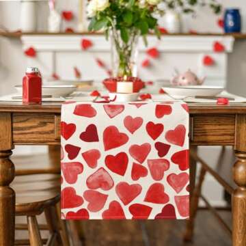 Artoid Mode Red Heart Valentine's Day Table Runner, Seasonal Anniversary Wedding Kitchen Dining Tabl...