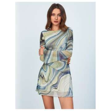 MakeMeChic Women's Leopard Print Dress Y2k Backless Mesh Bell Sleeve Mini Cheetah Print Dress Tie Dye Green Small