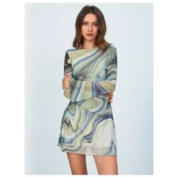 MakeMeChic Women's Leopard Print Dress Y2k Backless Mesh Bell Sleeve Mini Cheetah Print Dress Tie Dye Green Small