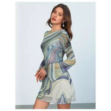 MakeMeChic Women's Leopard Print Dress Y2k Backless Mesh Bell Sleeve Mini Cheetah Print Dress Tie Dye Green Small