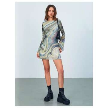 MakeMeChic Women's Leopard Print Dress Y2k Backless Mesh Bell Sleeve Mini Cheetah Print Dress Tie Dye Green Small