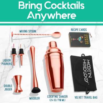 Mixology Portable Cocktail Shaker Set, 8-Piece Copper Bartender Kit with 24oz Martini Shaker, 2 Pour...