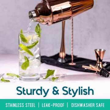 Mixology Portable Cocktail Shaker Set, 8-Piece Copper Bartender Kit with 24oz Martini Shaker, 2 Pourers, Muddler, Jigger, Mixing Spoon, Velvet Bag, Built-in Strainer, Recipe Cards, Idea