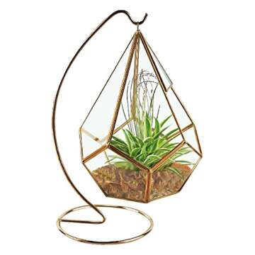 Circleware Hanging Glass Terrarium with Stand Geometric Tear Drop Shaped Holder for Succulents and Air Plants, Triangle-Gold 5.9x7.9