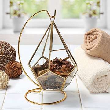 Circleware Hanging Glass Terrarium with Stand Geometric Tear Drop Shaped Holder for Succulents and Air Plants, Triangle-Gold 5.9x7.9