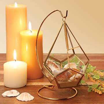 Circleware Hanging Glass Terrarium with Stand Geometric Tear Drop Shaped Holder for Succulents and Air Plants, Triangle-Gold 5.9x7.9