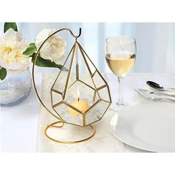 Circleware Hanging Glass Terrarium with Stand Geometric Tear Drop Shaped Holder for Succulents and Air Plants, Triangle-Gold 5.9x7.9