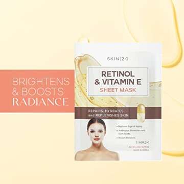 Skin 2.0 Retinol & Vitamin E Sheet Mask - Anti-Aging, Acne Scar & Hyperpigmentation Treatment - Hydr...