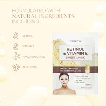 Skin 2.0 Retinol & Vitamin E Sheet Mask - Anti-Aging, Acne Scar & Hyperpigmentation Treatment - Hydrating, Dermatologist Tested Korean Skincare - Clean Beauty, Cruelty-Free, All Skin Types - 5 Masks