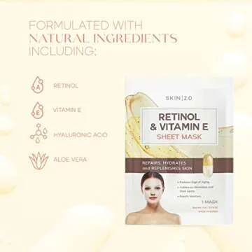 Skin 2.0 Retinol & Vitamin E Sheet Mask - Anti-Aging, Acne Scar & Hyperpigmentation Treatment - Hydrating, Dermatologist Tested Korean Skincare - Clean Beauty, Cruelty-Free, All Skin Types - 5 Masks