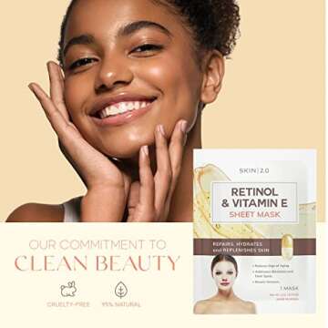 Skin 2.0 Retinol & Vitamin E Sheet Mask - Anti-Aging, Acne Scar & Hyperpigmentation Treatment - Hydrating, Dermatologist Tested Korean Skincare - Clean Beauty, Cruelty-Free, All Skin Types - 5 Masks