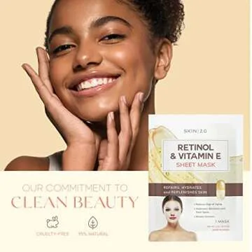 Skin 2.0 Retinol & Vitamin E Sheet Mask - Anti-Aging, Acne Scar & Hyperpigmentation Treatment - Hydrating, Dermatologist Tested Korean Skincare - Clean Beauty, Cruelty-Free, All Skin Types - 5 Masks