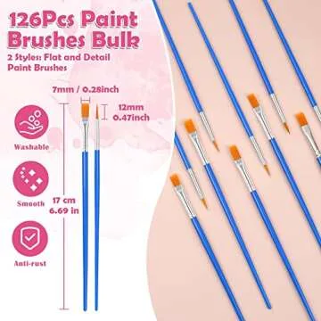 126 Pcs Small Paint Brushes Bulk, Kids Paint Brushes with Flat and Round Pointed Paint Brushes Set, Craft Brushes for Classroom Acrylic Oil Watercolor Canvas Face Painting