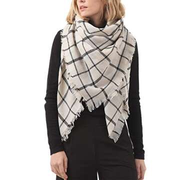 Zando Plaid Blanket Thick Winter Scarf Tartan Chunky Wrap Oversized Shawl Cape White Black Stripe