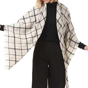 Zando Plaid Blanket Thick Winter Scarf Tartan Chunky Wrap Oversized Shawl Cape White Black Stripe