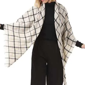 Zando Plaid Blanket Thick Winter Scarf Tartan Chunky Wrap Oversized Shawl Cape White Black Stripe