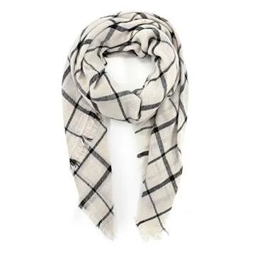 Zando Plaid Blanket Thick Winter Scarf Tartan Chunky Wrap Oversized Shawl Cape White Black Stripe