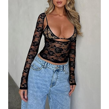 Womens Floral Lace Shirt Top Long Sleeve See Through
