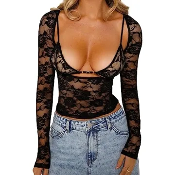 Womens Floral Lace Shirt Top Long Sleeve See Through