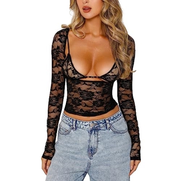 Womens Floral Lace Shirt Top Long Sleeve See Through