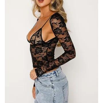Womens Floral Lace Shirt Top Long Sleeve See Through