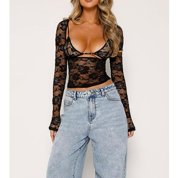 Womens Floral Lace Shirt Top Long Sleeve See Through