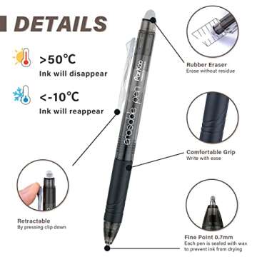 ParKoo Retractable Erasable Gel Pens Clicker Fine Point 0.7 mm, No Need for White Out, Black Ink for...