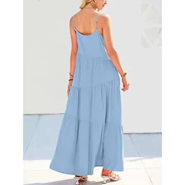 ANRABESS Women Summer Casual Loose Sleeveless Sundress Spaghetti Strap Flowy Boho Linen Beach Vacation Maxi Long Dress Blue Small