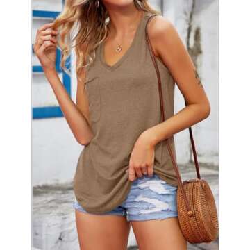 Laseily Women’s V Neck Tank Tops Sleeveless Summer Casual Loose Workout Yoga Tee Shirts with Pocket Khaki