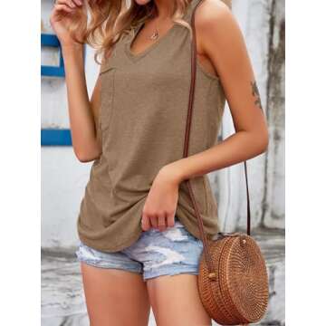 Laseily Women’s V Neck Tank Tops Sleeveless Summer Casual Loose Workout Yoga Tee Shirts with Pocket Khaki
