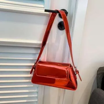 Motleader Silver Metallic Evening Bag for Women Y2K Silver Leather Shoulder Bags Sparkle Purse for Prom Wedding Party, Red