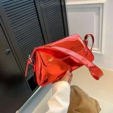 Motleader Silver Metallic Evening Bag for Women Y2K Silver Leather Shoulder Bags Sparkle Purse for Prom Wedding Party, Red