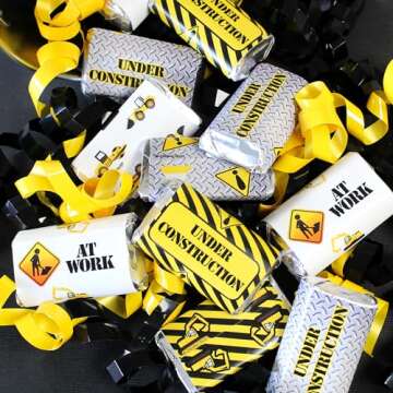 Under Construction Party Mini Candy Bar Wrappers, Construction Birthday Decorations - 45 Count