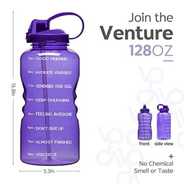 Venture Pal Large 1 Gallon/128 OZ (When Full) Motivational BPA Free Leakproof Water Bottle with Straw & Time Marker Perfect for Fitness Gym Camping Outdoor Sports-Purple