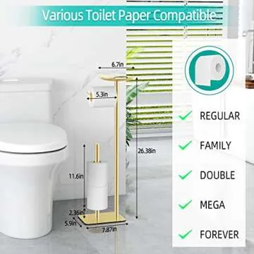 FEILERN Toilet Paper Holder Stand for Bathroom Floor Standing Toilet Roll Dispenser Storages 4 Reserve Rolls, with Top Storage Shelf for Cell Phones, Wipe, Wallet and More(Gold)