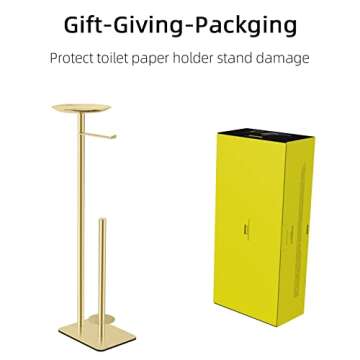 FEILERN Toilet Paper Holder Stand for Bathroom Floor Standing Toilet Roll Dispenser Storages 4 Reserve Rolls, with Top Storage Shelf for Cell Phones, Wipe, Wallet and More(Gold)