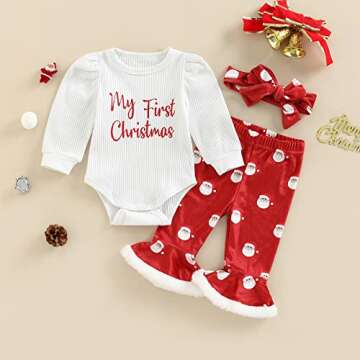 Baby Girl My 1st Christmas Outfits Letter Long Sleeve Romper Tops+Bell Bottom Pants+Headband 3 Pcs C...