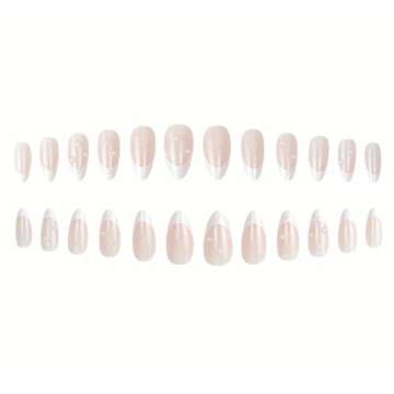 MERVF Almond Press on Nails Medium White French Tip Fake Nails Nude Stiletto Acrylic Nails Glossy 24...