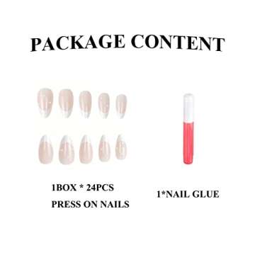 MERVF Almond Press on Nails Medium White French Tip Fake Nails Nude Stiletto Acrylic Nails Glossy 24pcs False Nails with Pearls Designs Glue on Nails Press ons