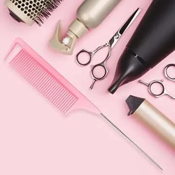 LLTGMV 9.3'' Rat Tail Comb for Hair Stylist, Parting Comb for Braiding hair, Rattail Comb with Metal Stainless Steel Pintail for Sectioning, Teasing and Styling (Pink)