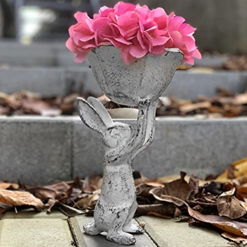 Antique White Cast Iron Rabbit with Flower Bird Feeder - 6 Inch Plant Pot or Feeder - (Cute Planter ...