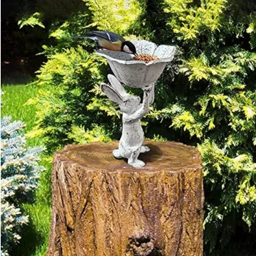 Antique White Cast Iron Rabbit Planter and Bird Feeder