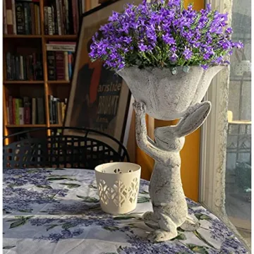 Antique White Cast Iron Rabbit Planter and Bird Feeder