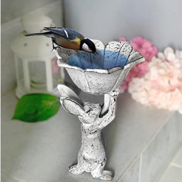 Antique White Cast Iron Rabbit Planter and Bird Feeder