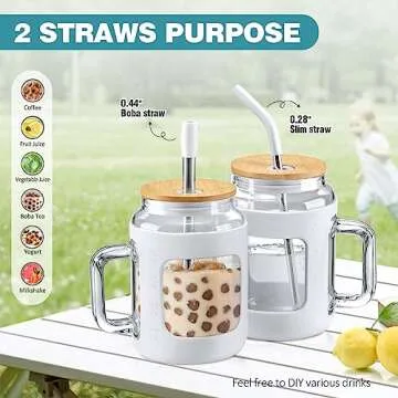 WINSA Glass Tumbler with Bamboo Lid and Straw, 32 oz Glass Water Bottles with Time Marker, Iced Coffee Cup with Handle, Glass Cups with Silicone Protective Sleeve BPA Free-White